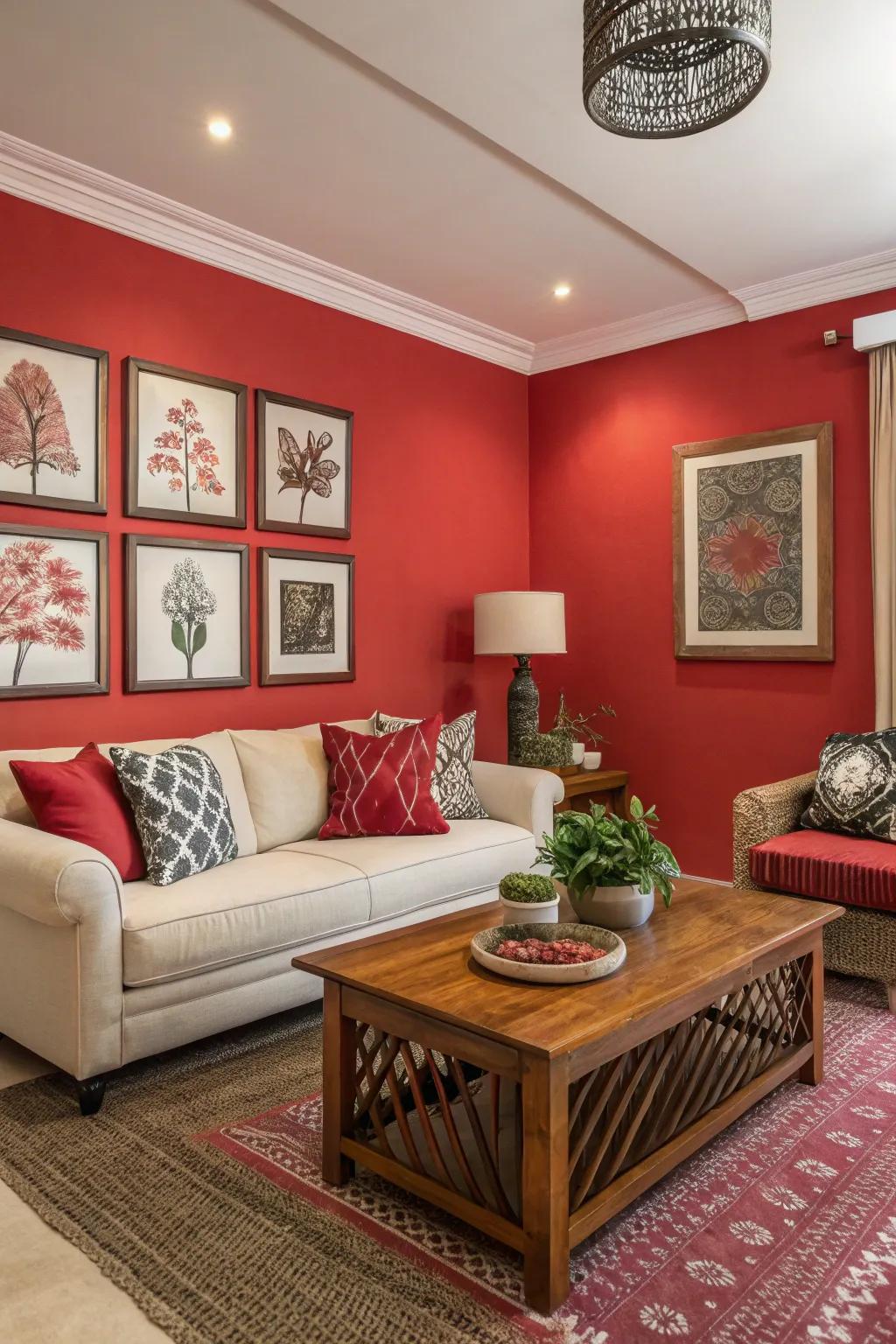 A scarlet feature wall makes a striking statement in this stylish room.