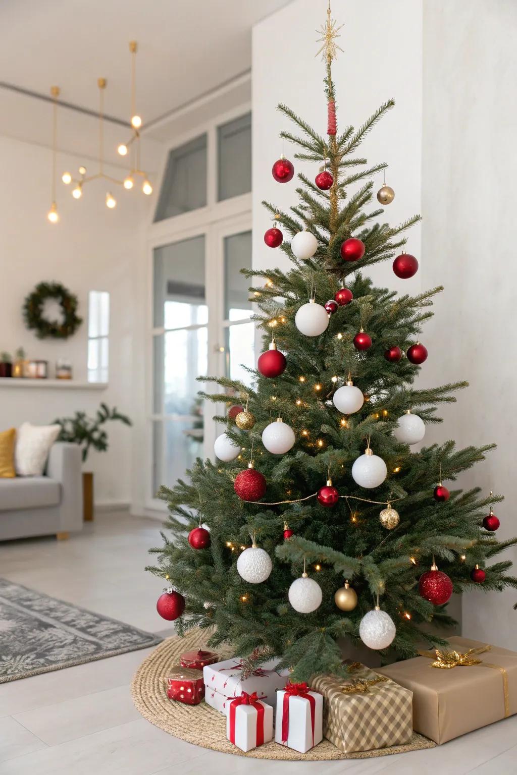 A minimalist approach using unadorned baubles produces modern elegance.