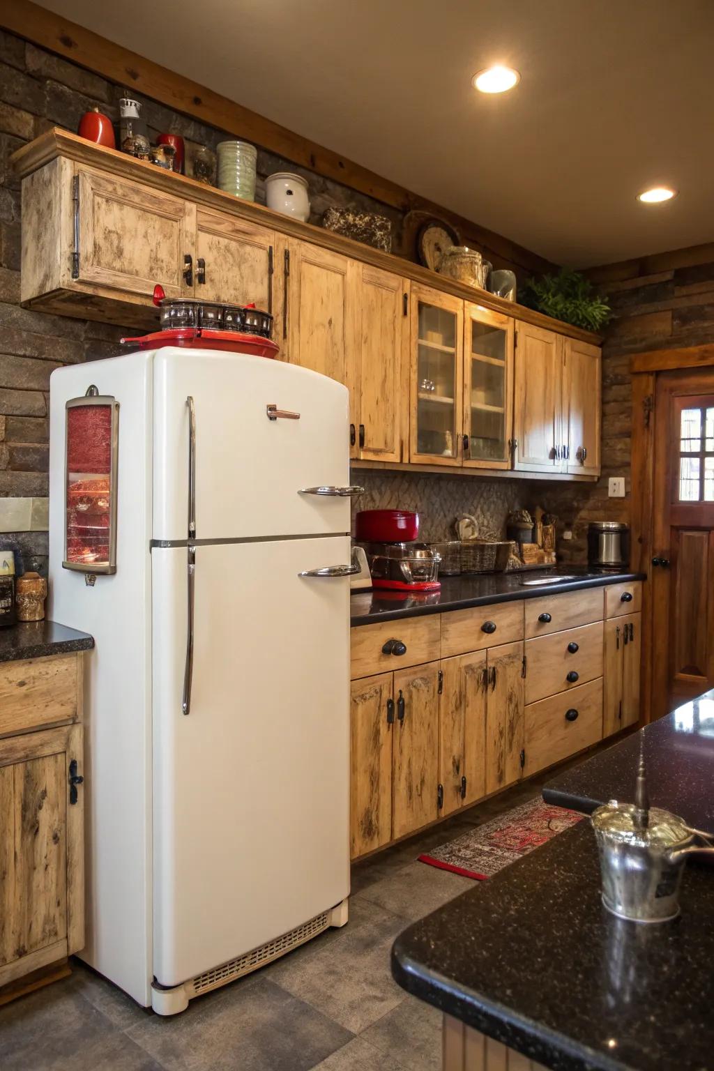 Vintage-style elements around the refrigerator create a warm and nostalgic kitchen atmosphere.