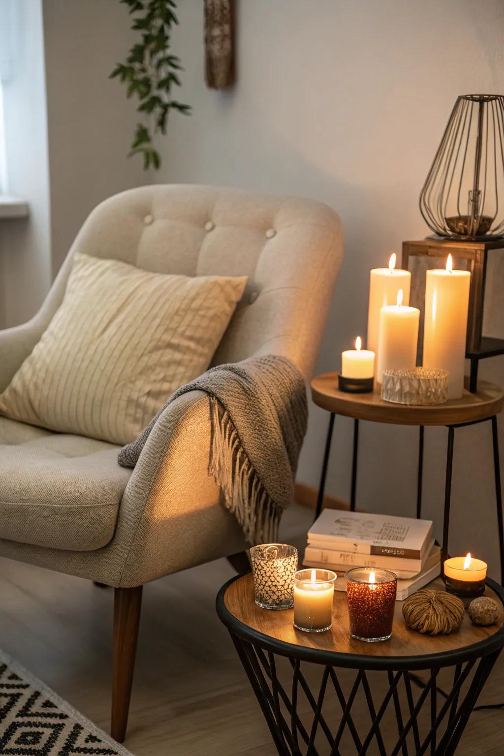 A peaceful contemplative nook with lights.