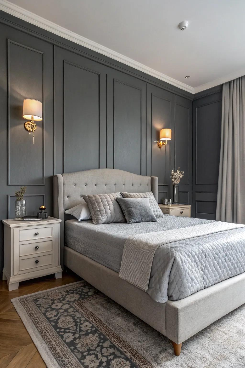 A highlight wall introduces a dynamic element to a repose gray bedroom.