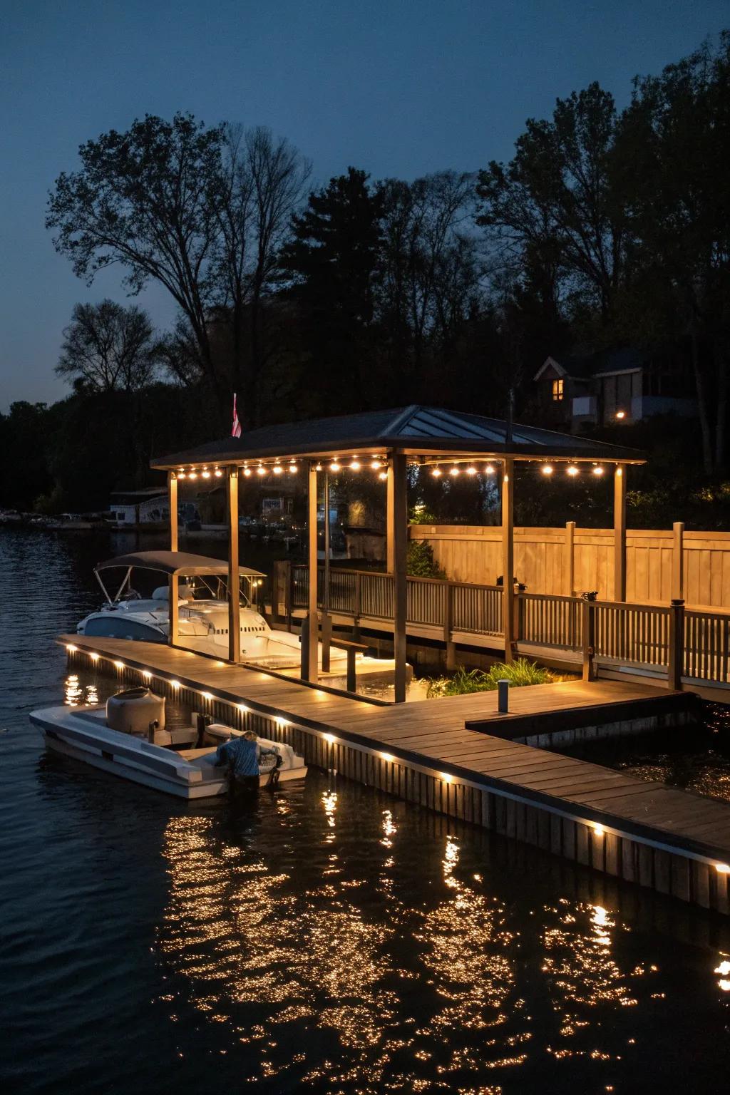 A dock lit by soft lighting, radiating nighttime charm.
