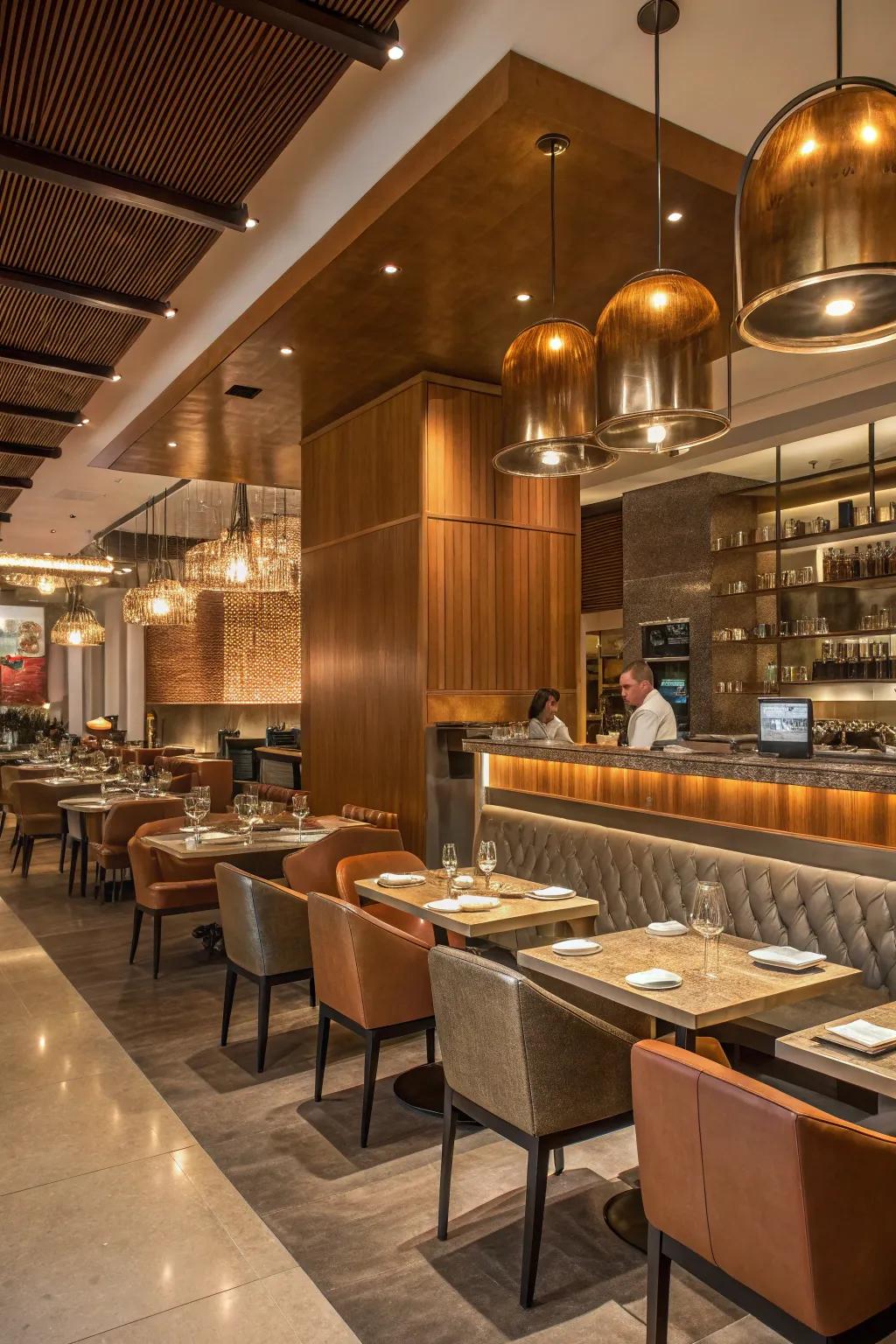 A stylish restaurant design, where earthy tones harmonize with metallic accents.