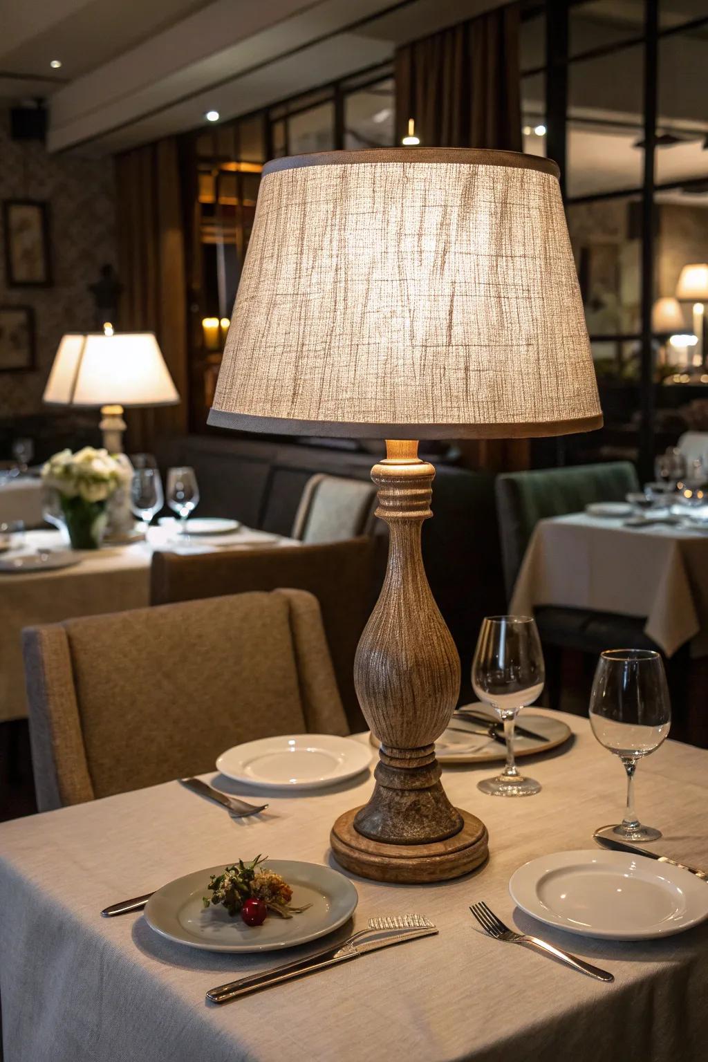 A table lamp with a textured fabric cover graces a restaurant table, enhancing the cozy decor.