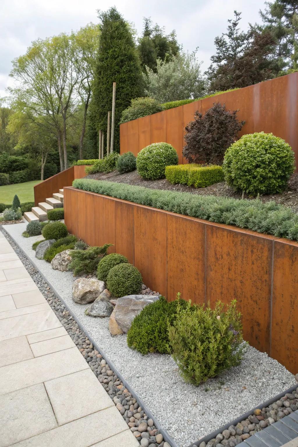 Walls of Corten steel lend a chic, industrial touch to gardens.