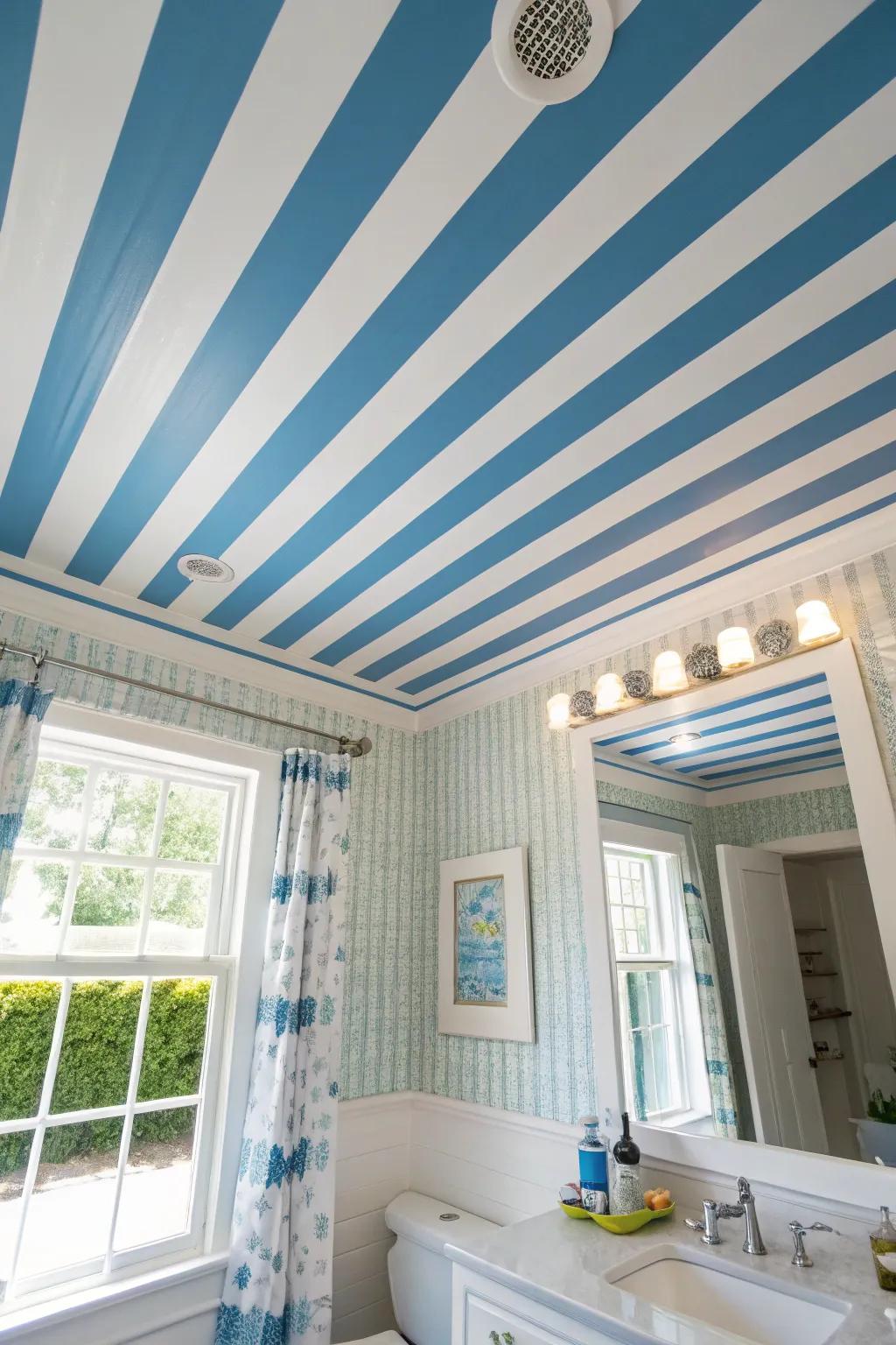 A striped ceiling injecting a playful element into the area.
