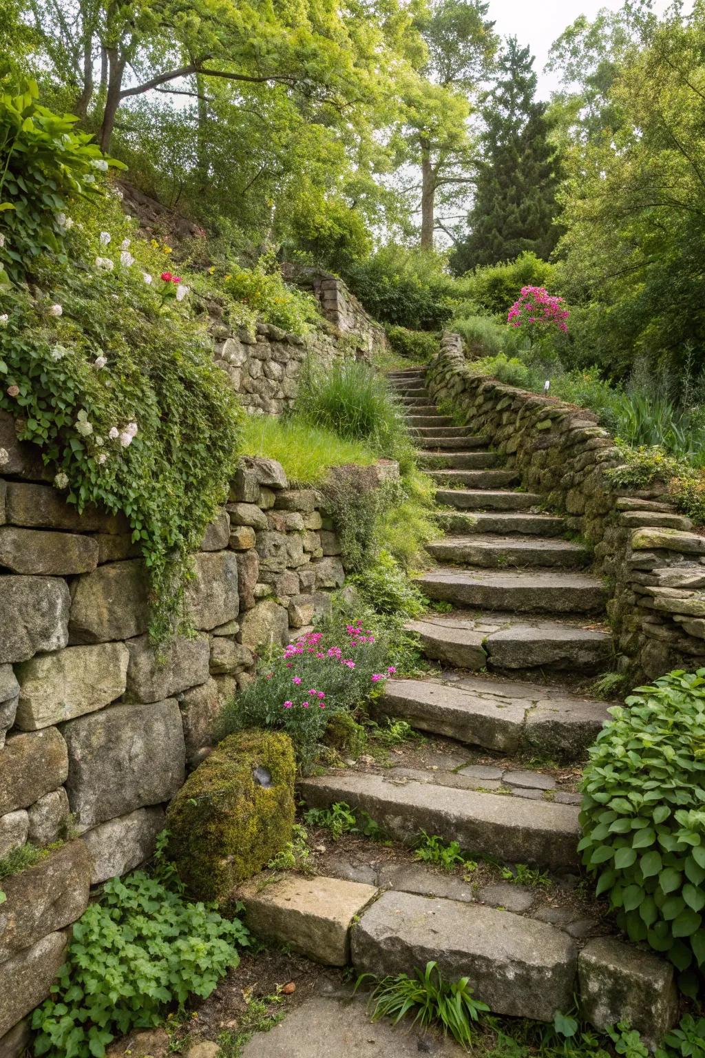 Stone steps inject style and utility to garden structures.