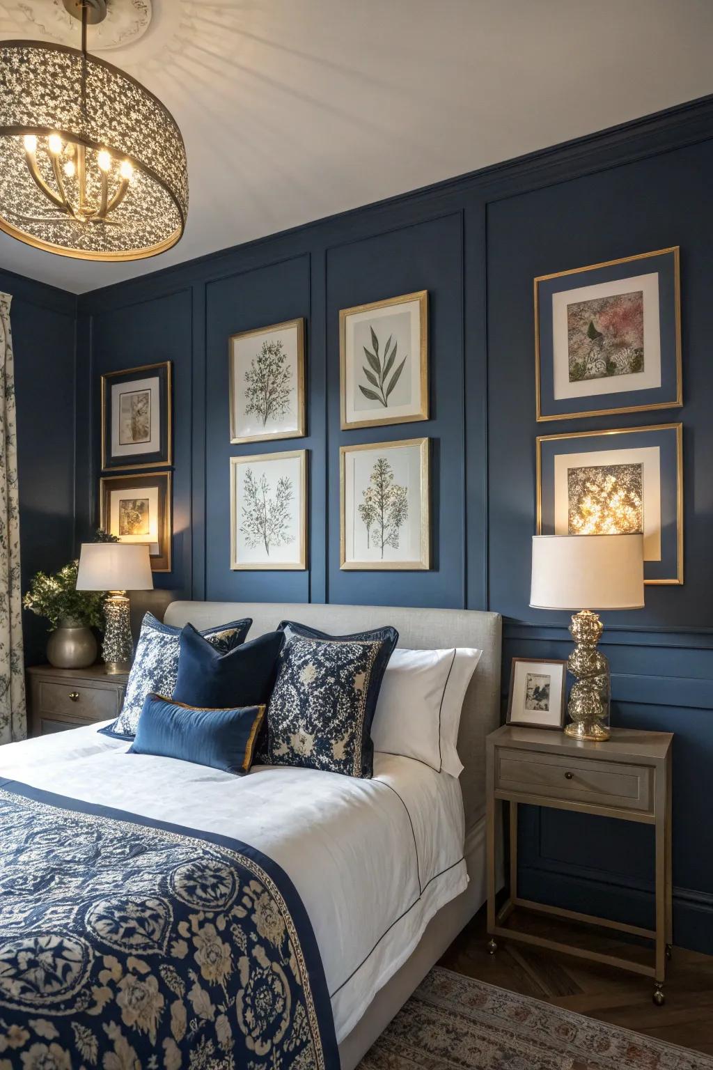 Wall decor injects a personal and aesthetic touch to deep sea blue decor.