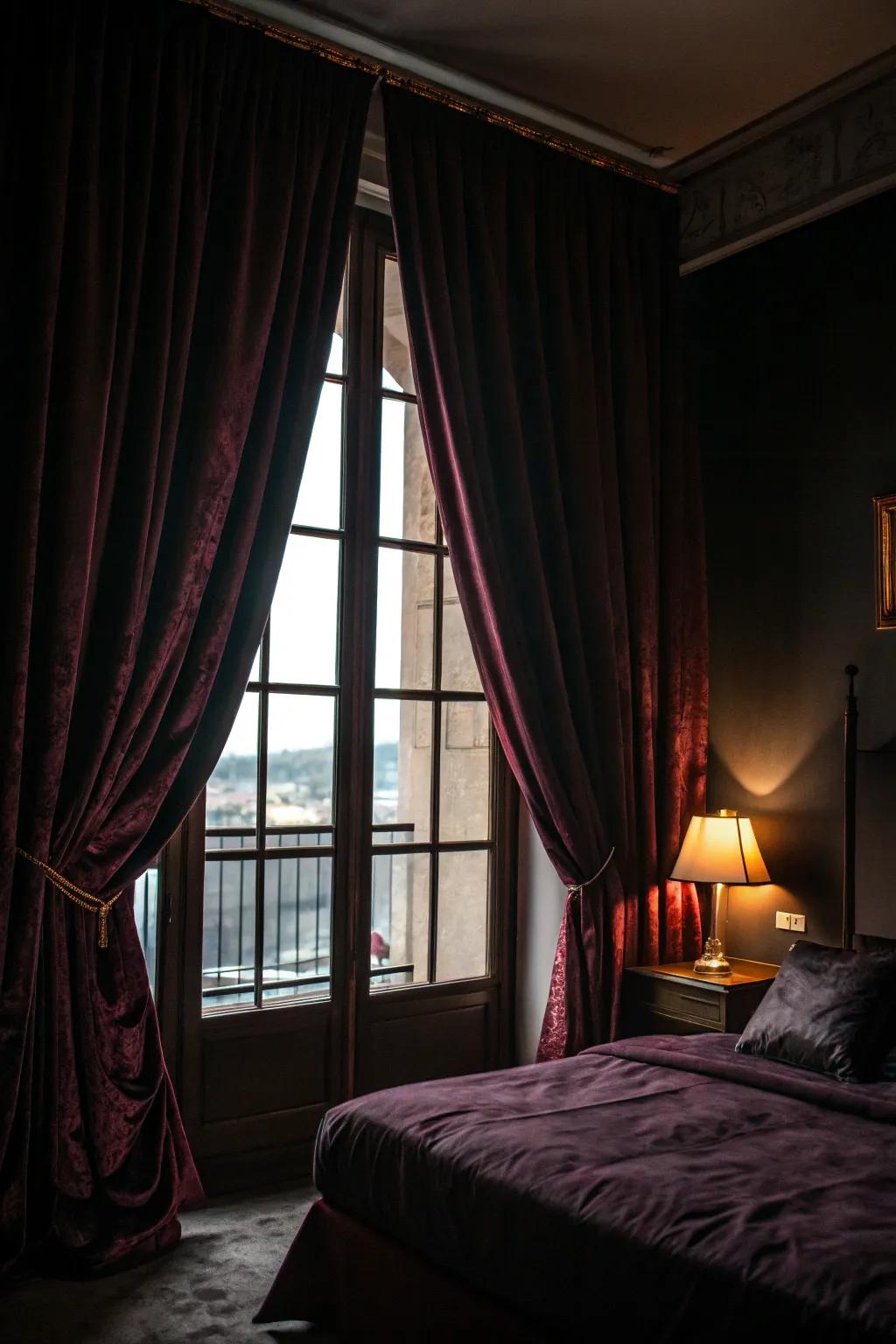 Luxurious drapery adds drama and privacy to a Victorian Gothic boudoir.