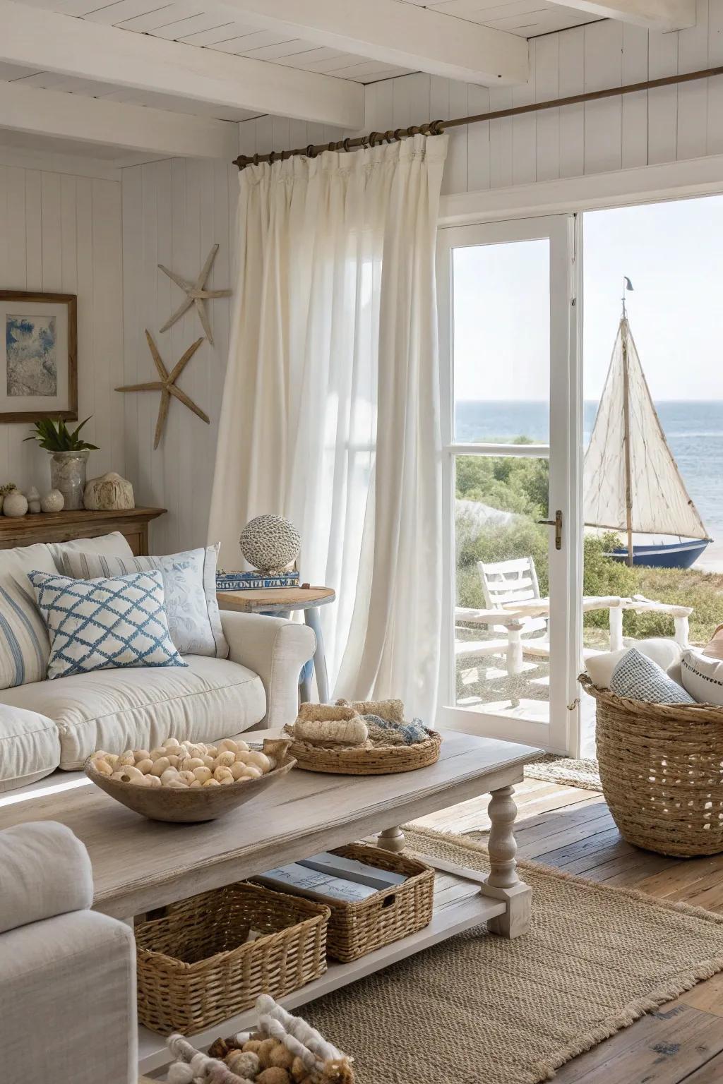 A coastal-inspired living room bathed in soft neutrals and beachy charm, creating a space of tranquility and natural beauty.