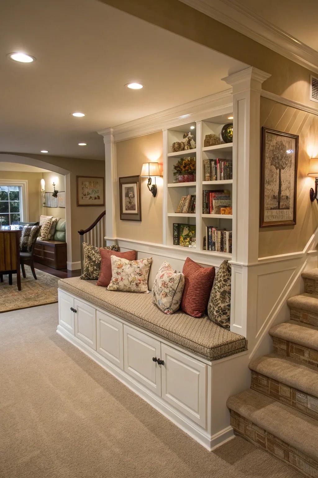 A living area featuring a low wall that includes built-in seating and storage for added functionality.