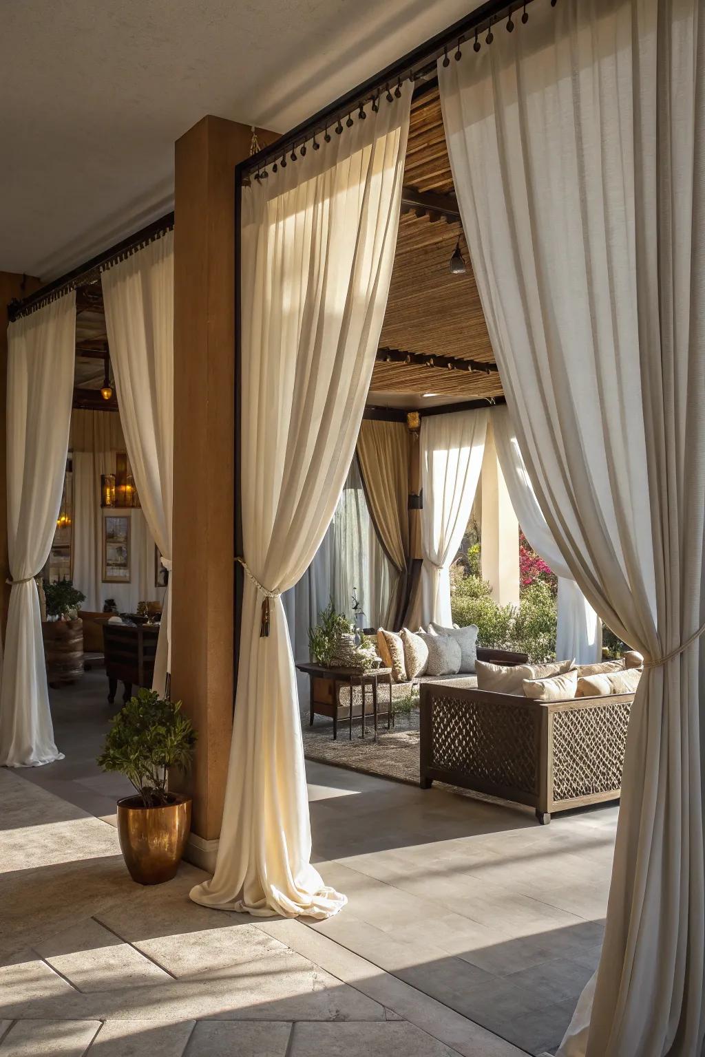 Drapes introduce grace and versatility to any space, serving as fashionable space dividers.