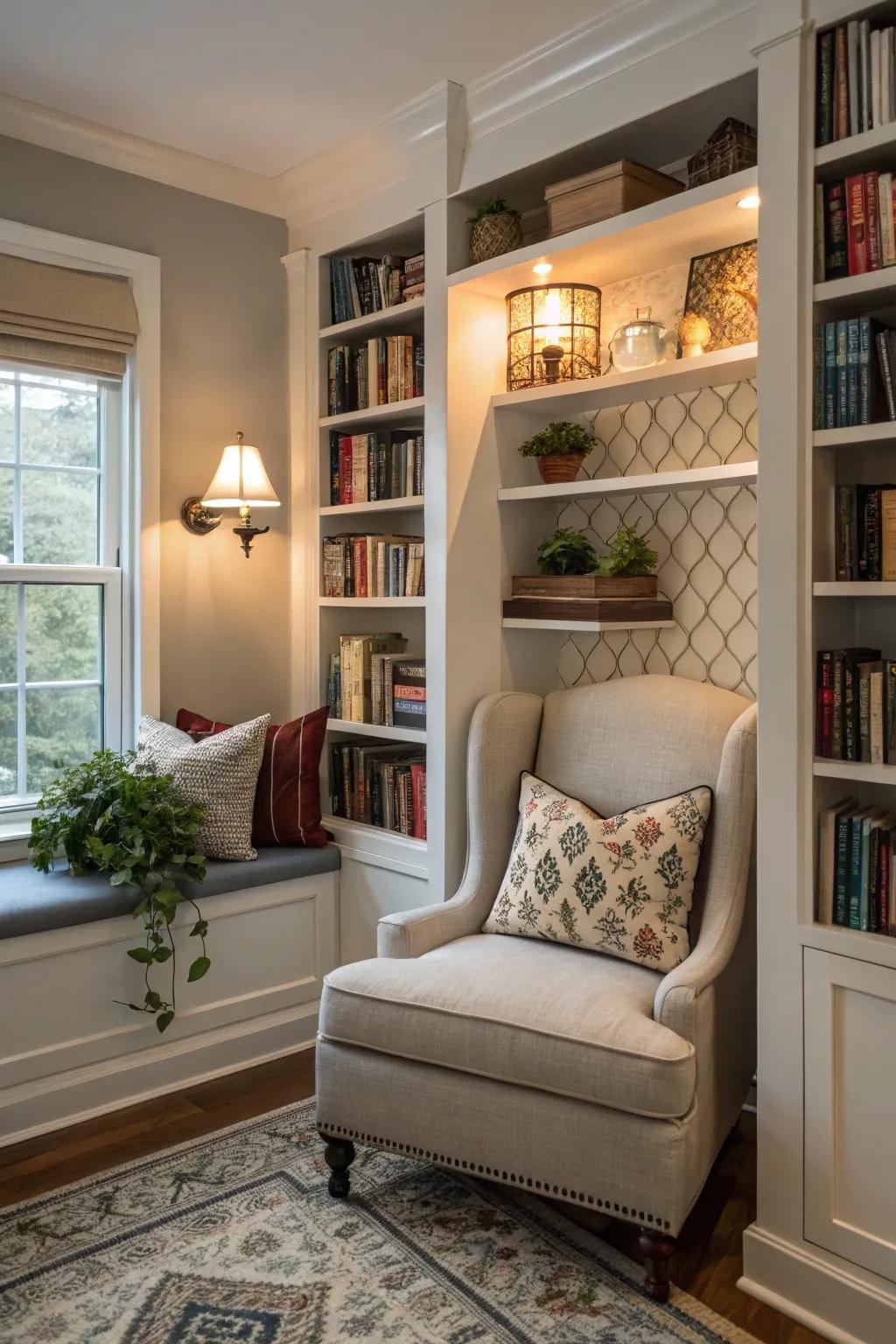 A reading nook provides relaxation.