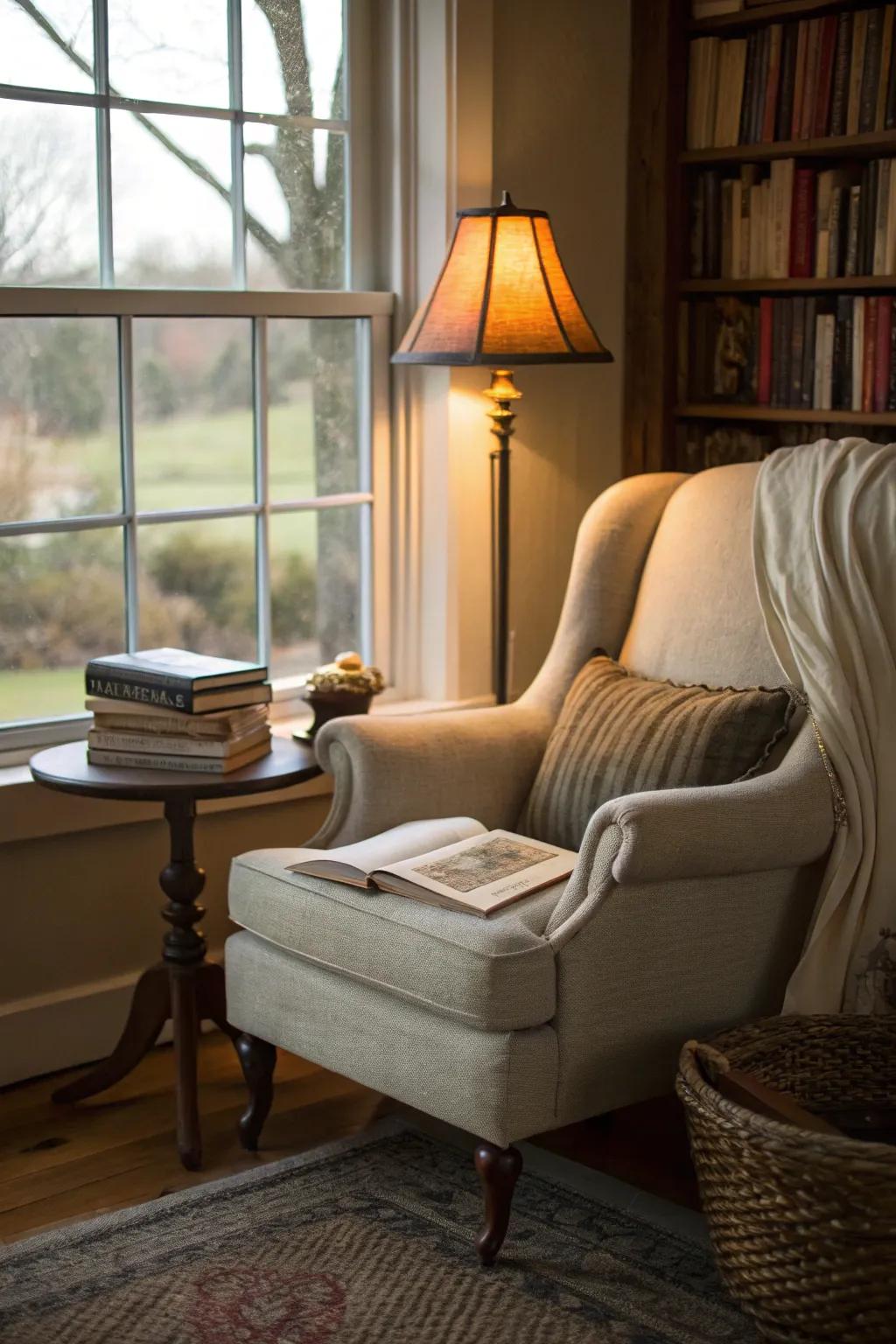 A comforting quiet corner for reading designed to encourage both relaxation and serenity.