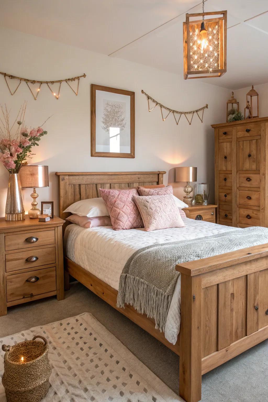 Wood and blush-tone craft a balanced, cozy bedroom.