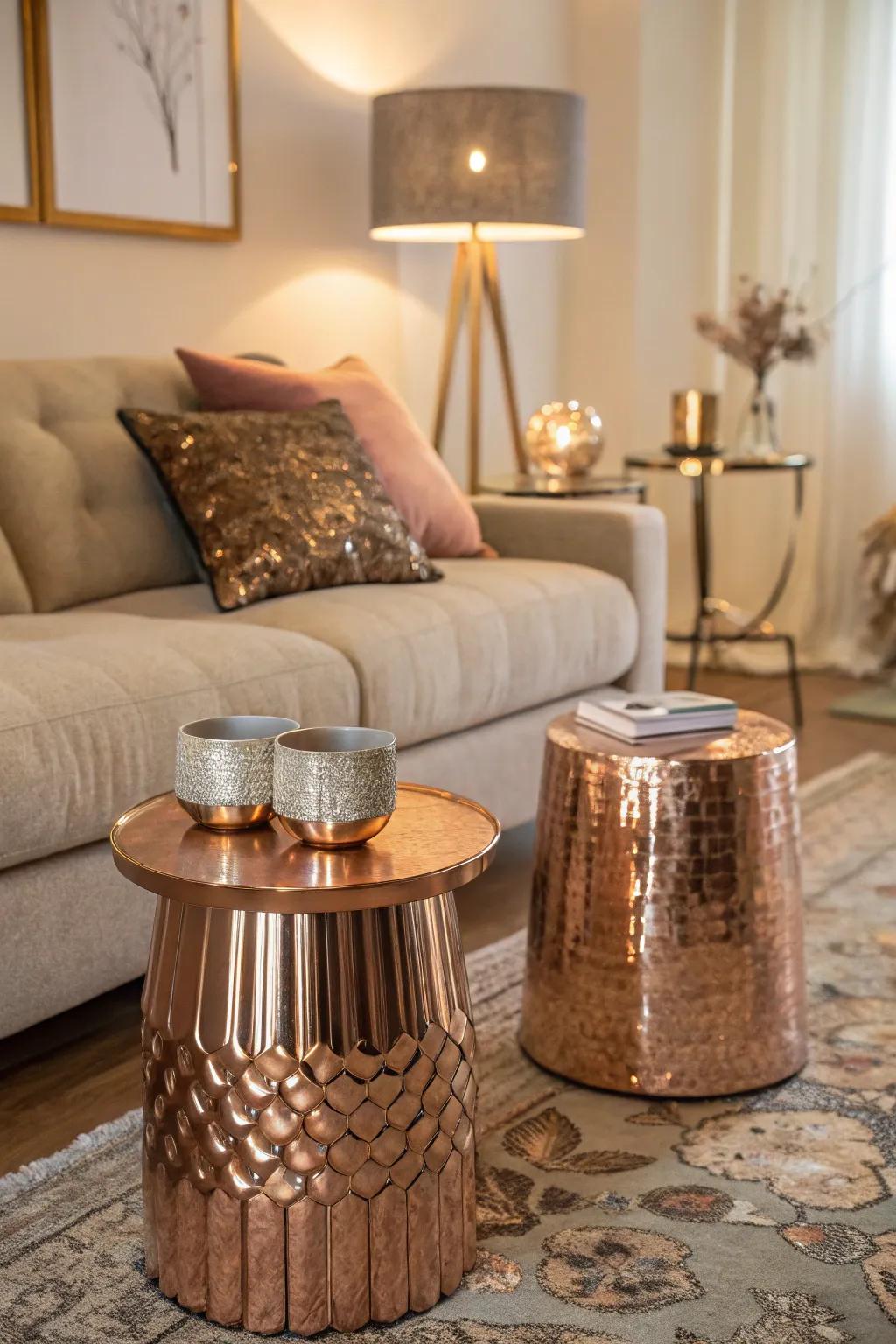 Shimmering side tables in rose gold give practicality and form.