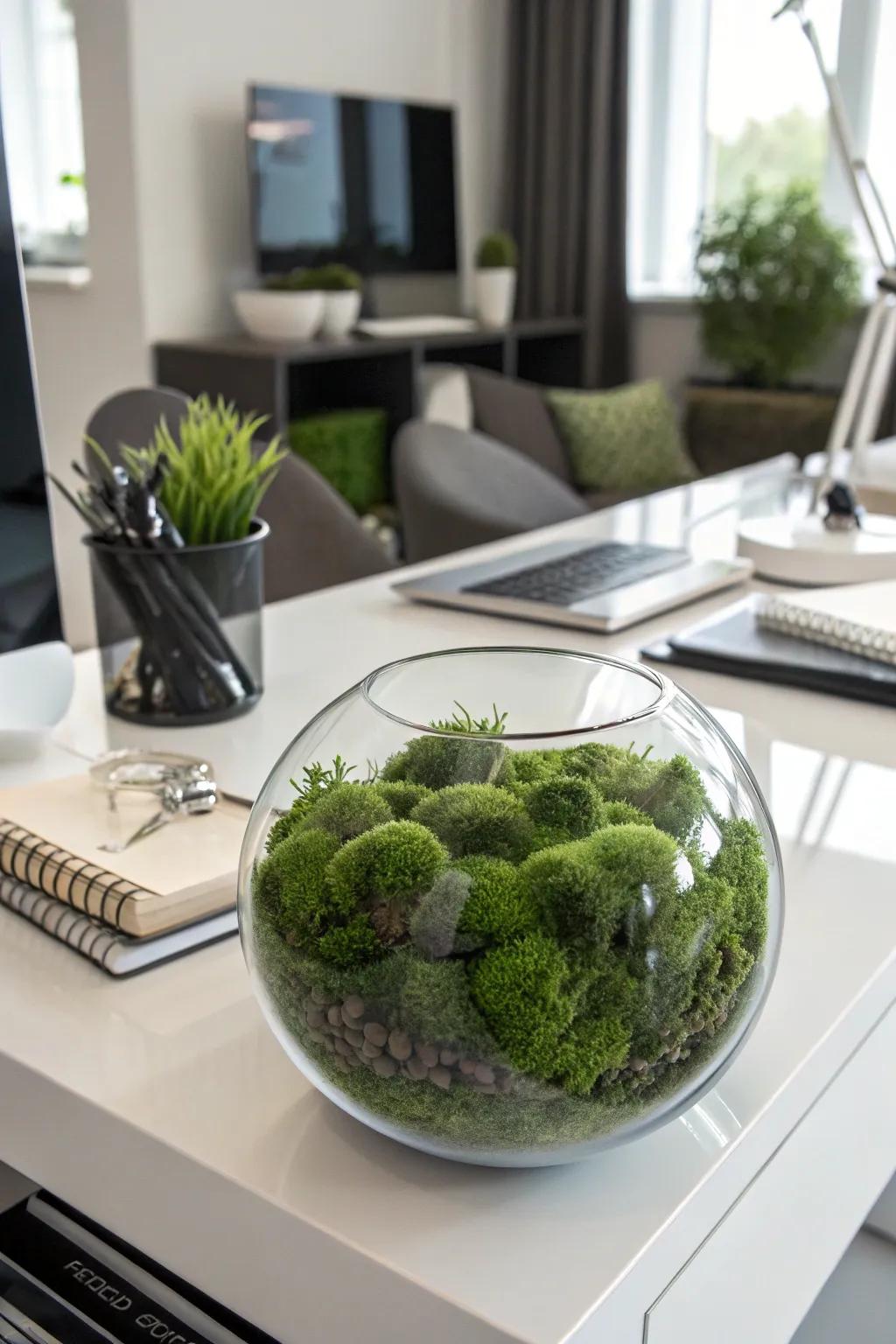 Imitation verdant growth contained within a glass bowl provides a lush and verdant decorative element.