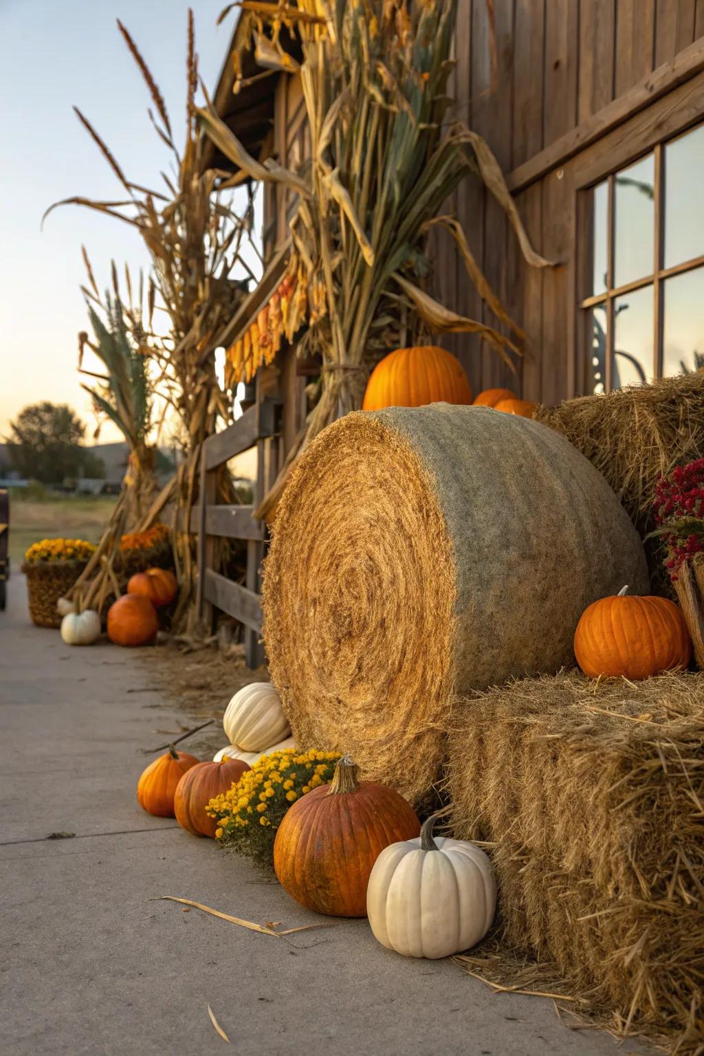 Embrace the enduring splendor of autumn through a quintessential harvest-themed hay bale presentation.