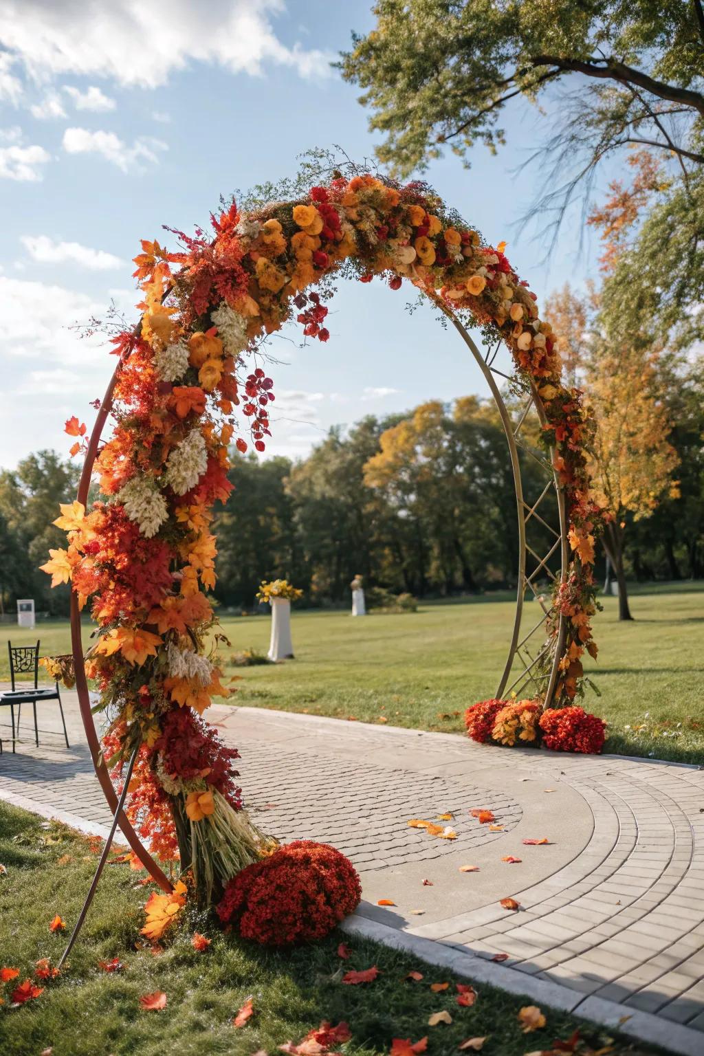 A seasonal circular wedding arch featuring autumn features.