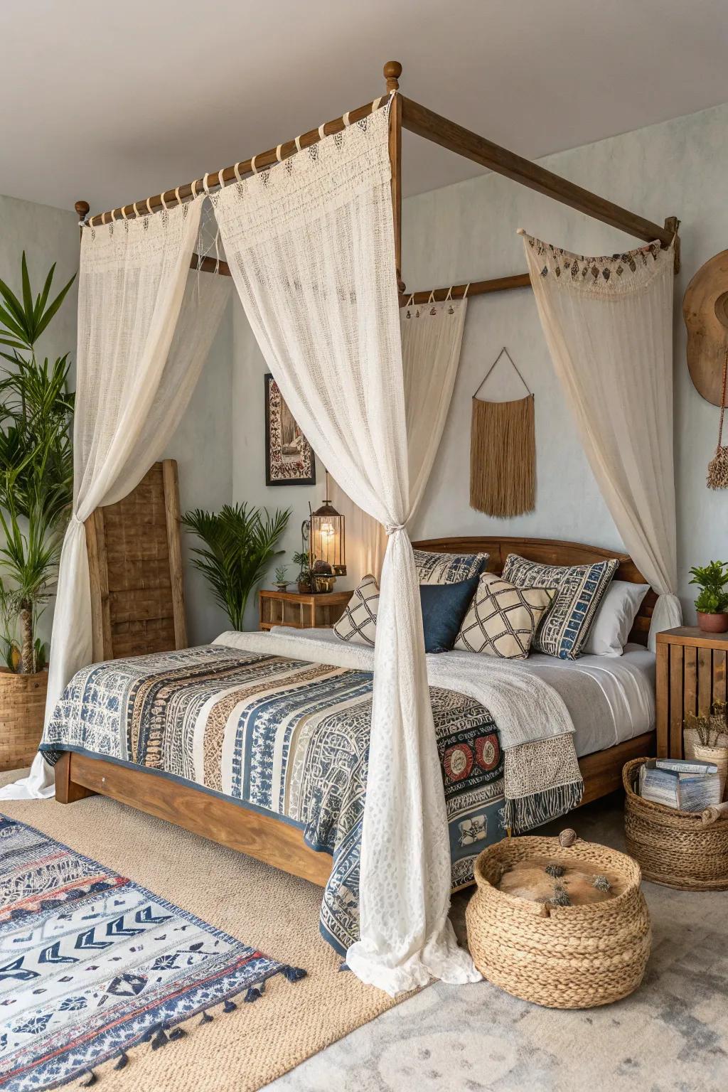 A rustic boho sleeping quarters with a canopy bed provides a serene escape.