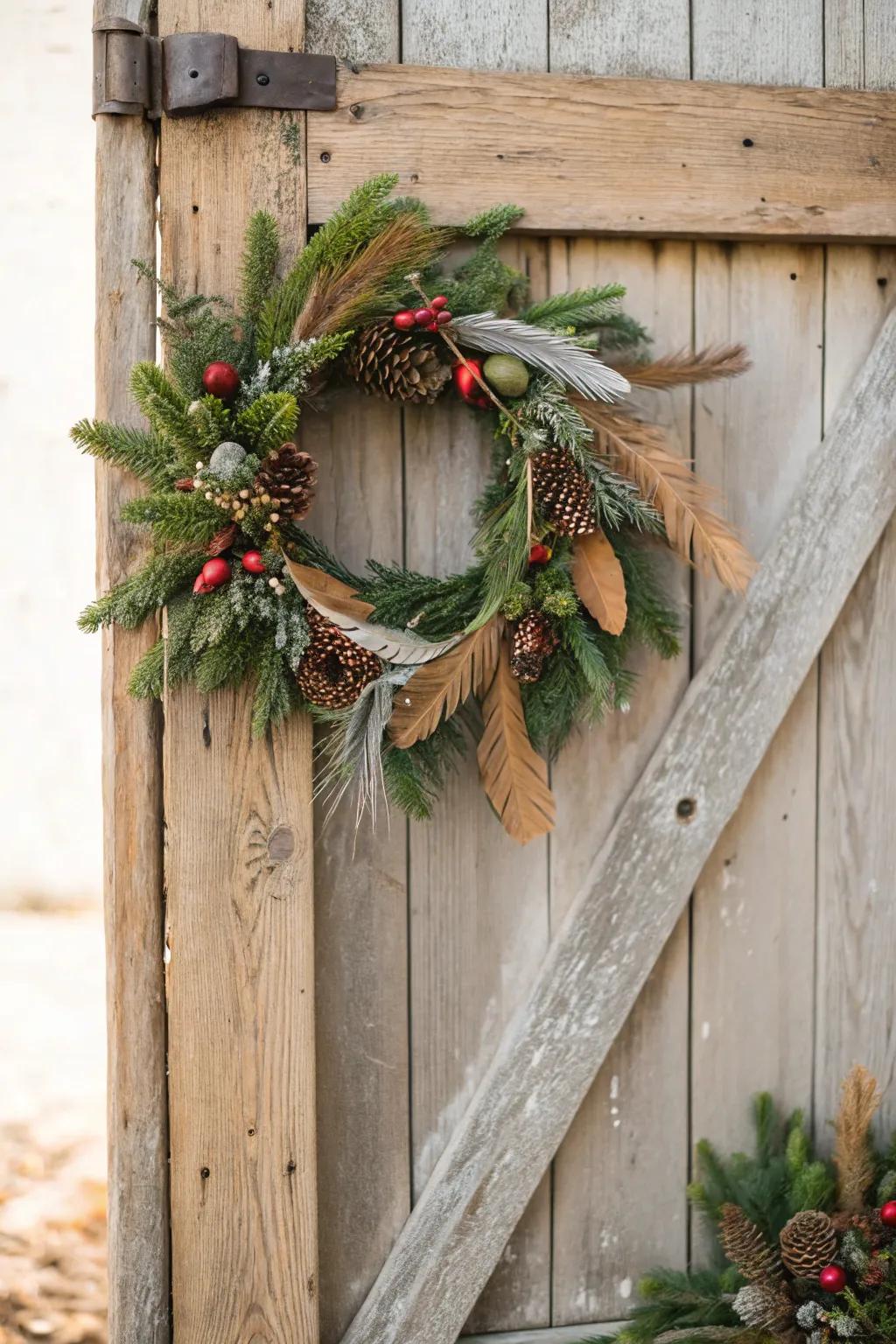 Plumage bestows a gentle texture upon this graceful wreath.