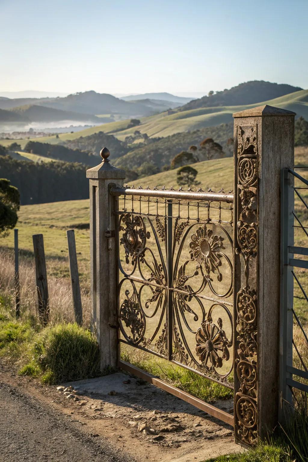 A farm gate showcasing striking artistic steel inlays.