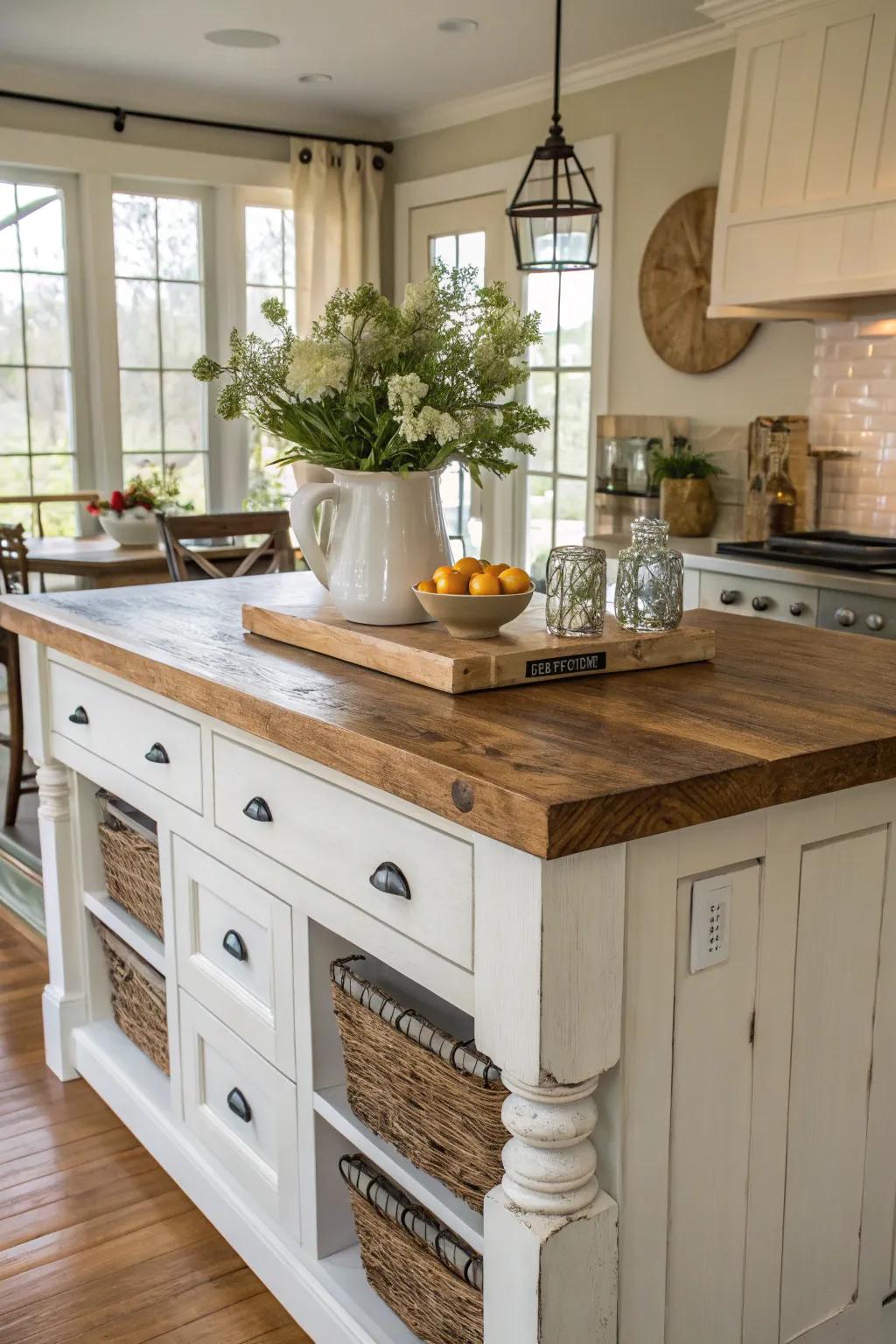 A farmhouse kitchen island featuring a robust wooden board finish.