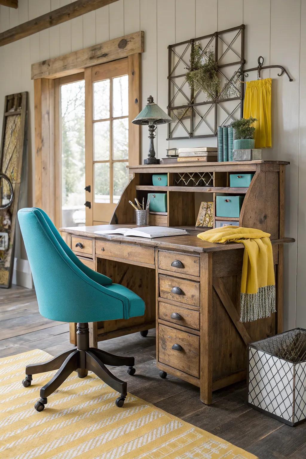 A thoughtful assortment of textures introduces depth and warmth to your rural office space. 🪑 #TextureMix #RusticCharm