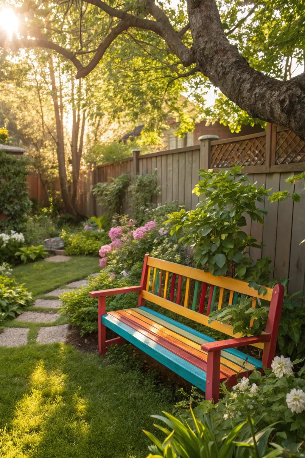 A vibrant garden bench made from painted pallets.