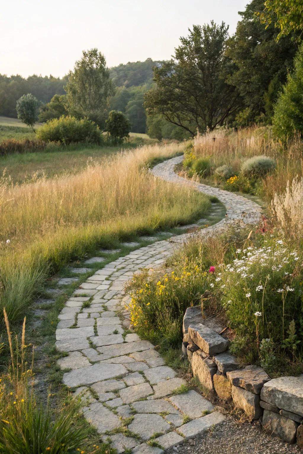 Winding paths inviting exploration in a countryside garden.