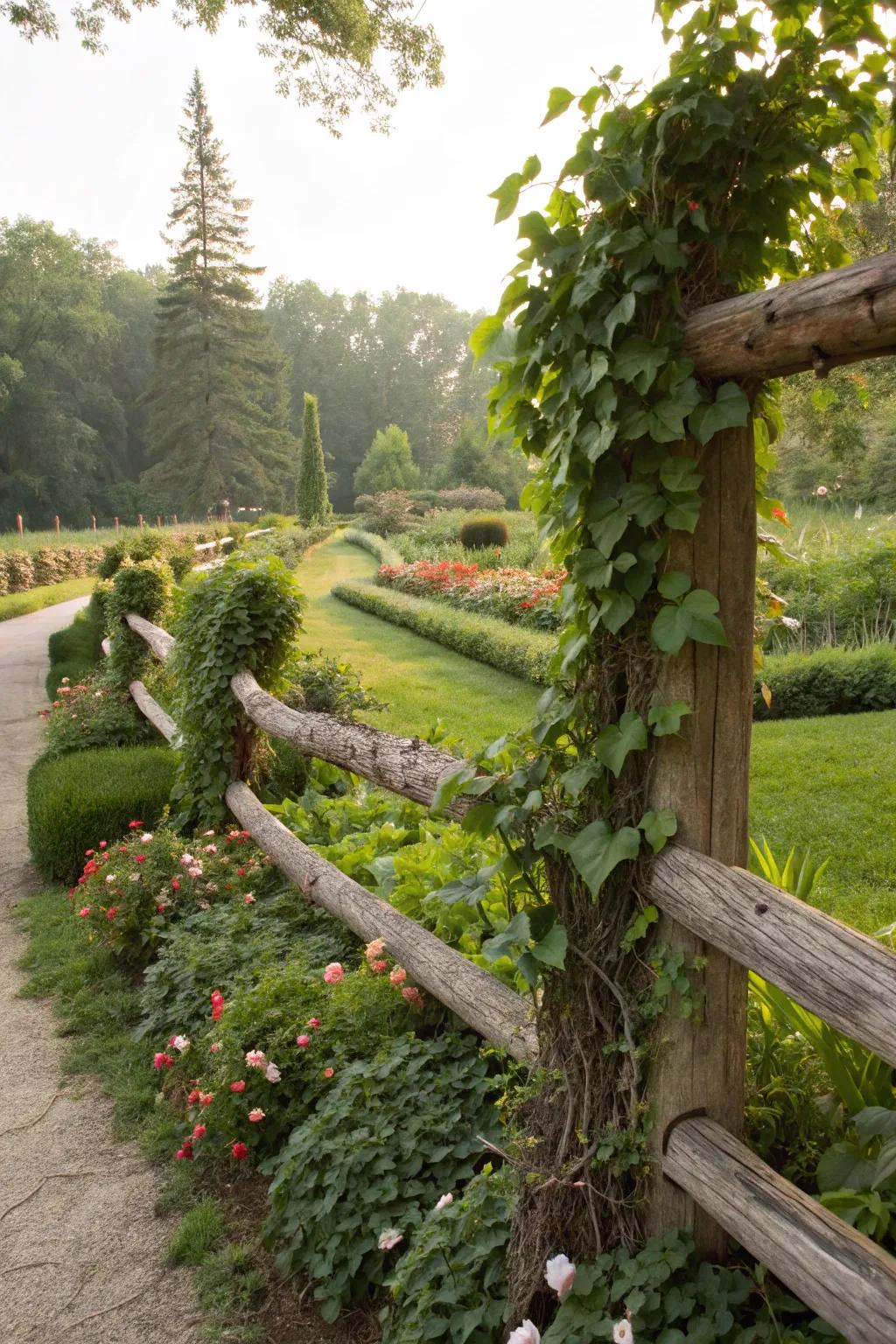 Climbing vines drape over a timber barrier, creating a living, breathing structure.