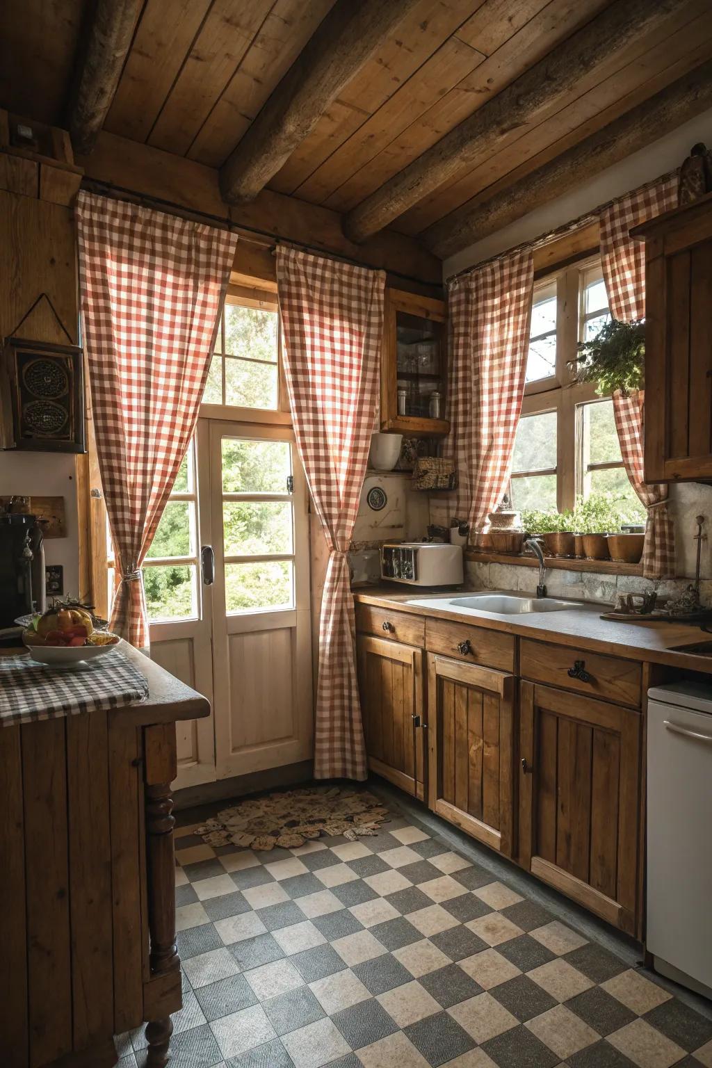 Checkered window coverings inject a nostalgic touch into the kitchen.