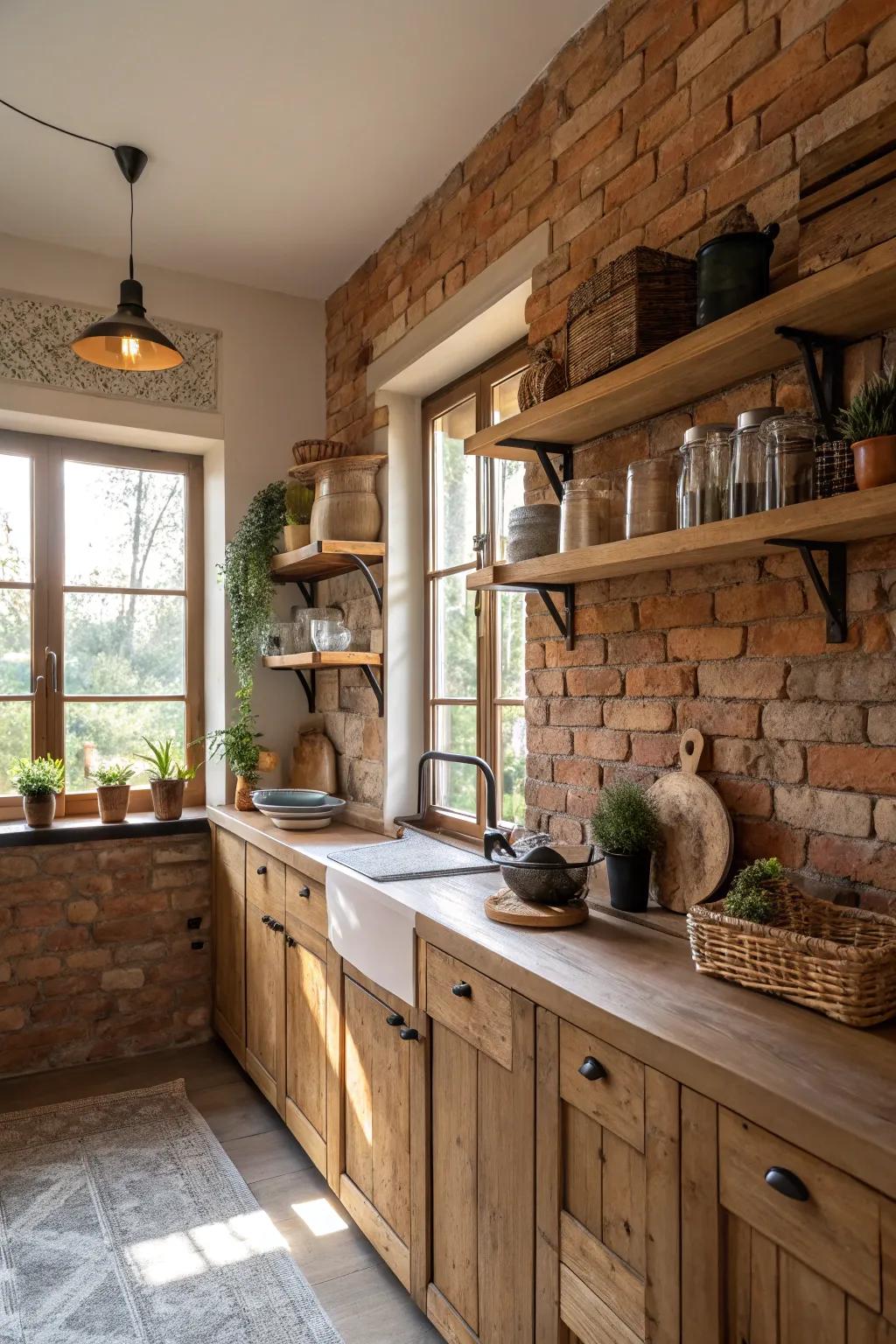 A brick feature wall introduces depth and warmth to the kitchen.