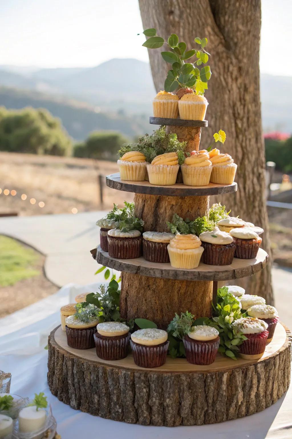 Layered timber rounds assemble a vibrant cake tableau.