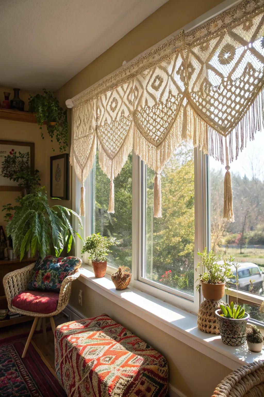 A sunlit bohemian sunroom featuring a twine art valance that adds complex texture.