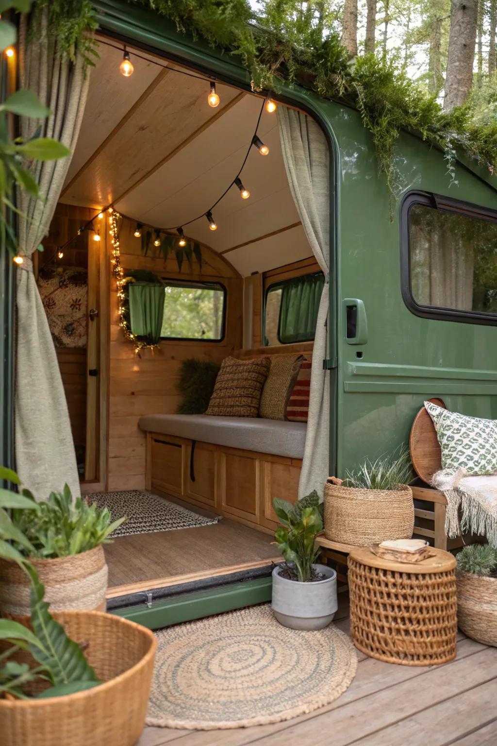 Terrestrial viridescent hues engender an interior milieu within this recreational vehicle that is both tranquil and inspired by the natural world.