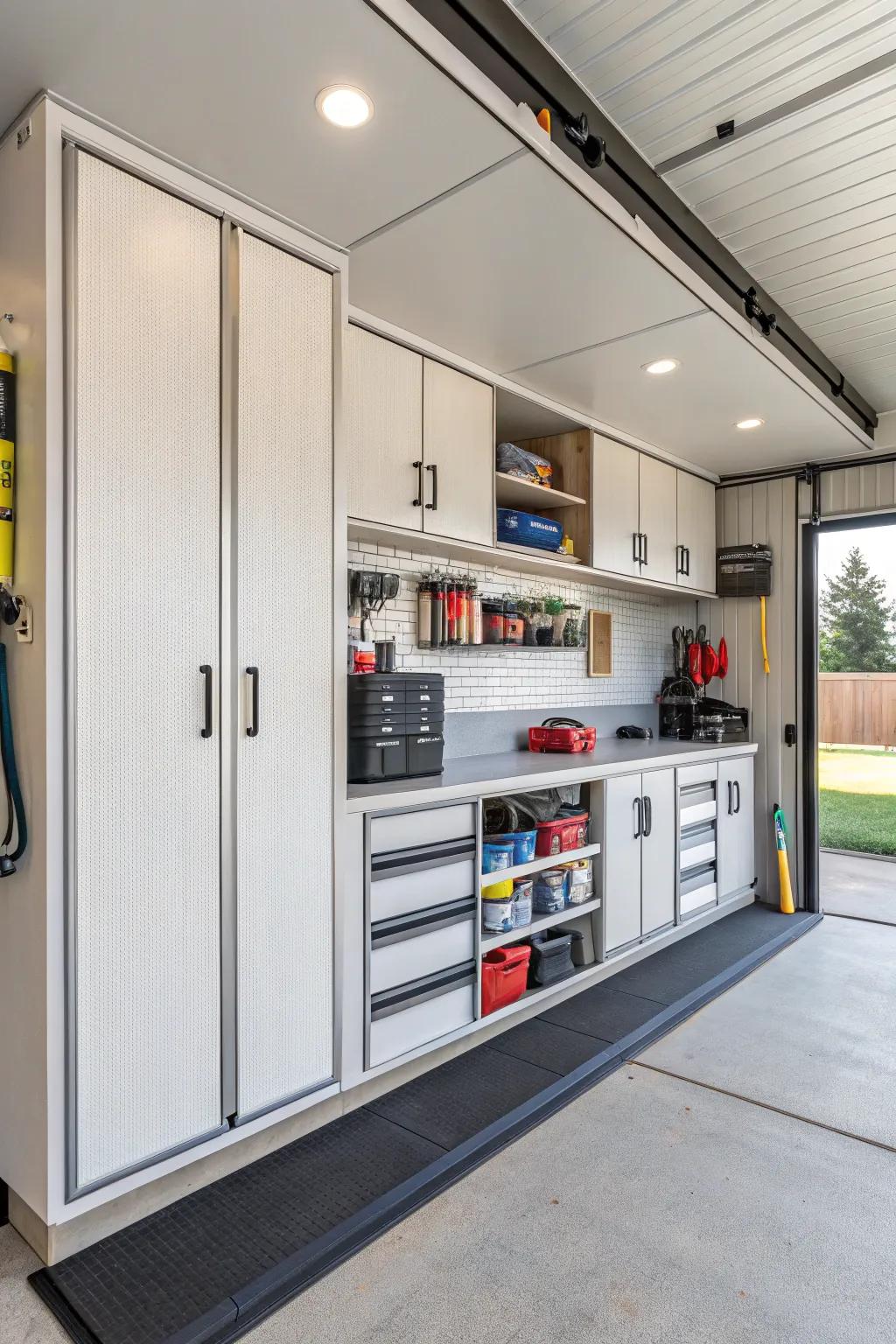 Clever storage options in an RV garage for an organized, neat area.