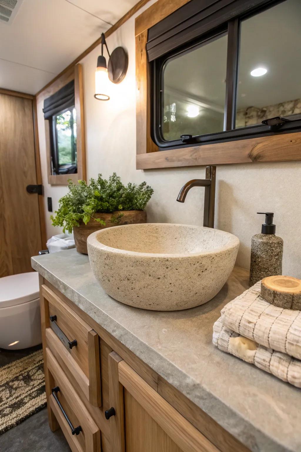 A stone basin bringing natural visuals to an RV restroom.