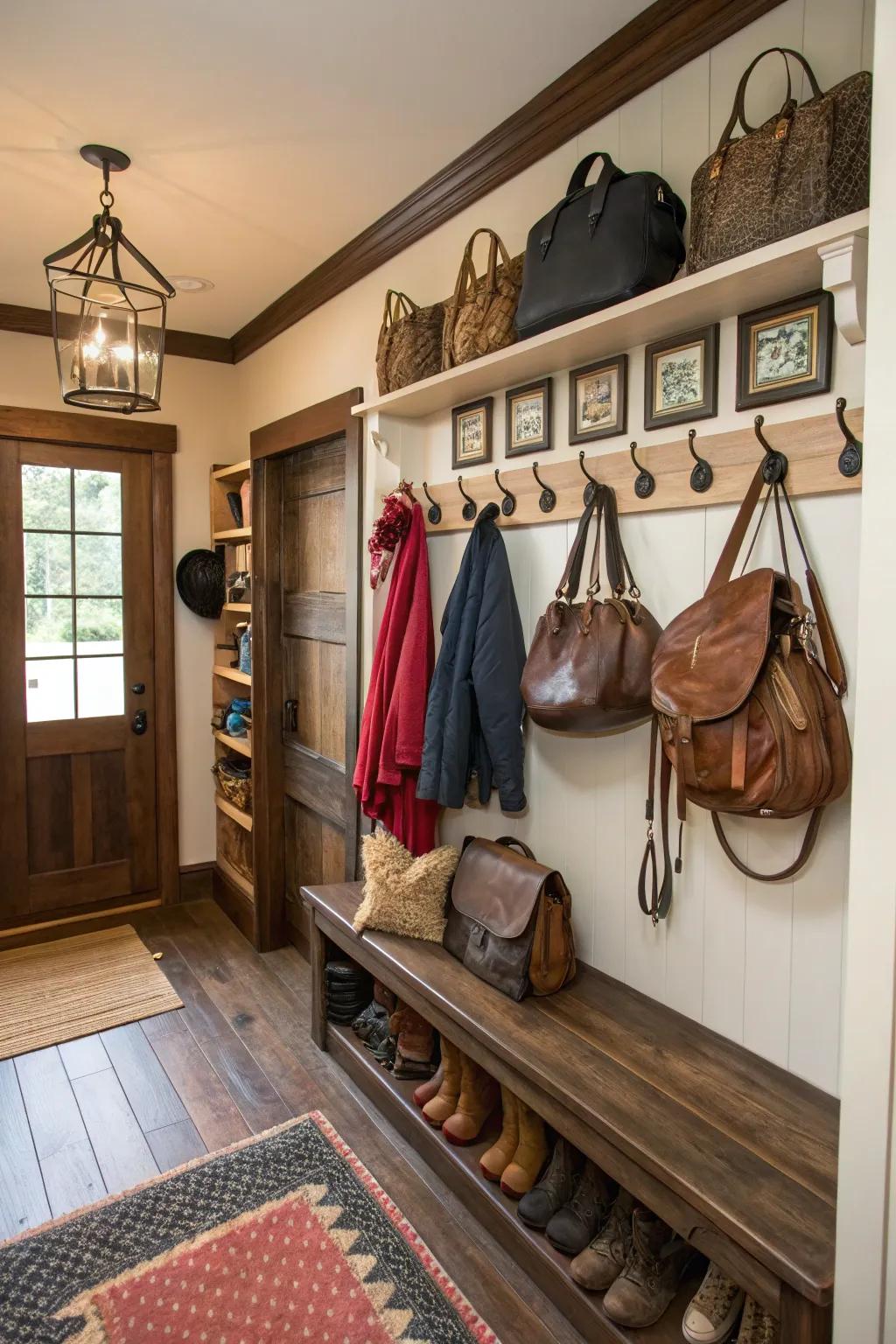 Equine seat wall hooks combine practicality and style inside this cozy mudroom.