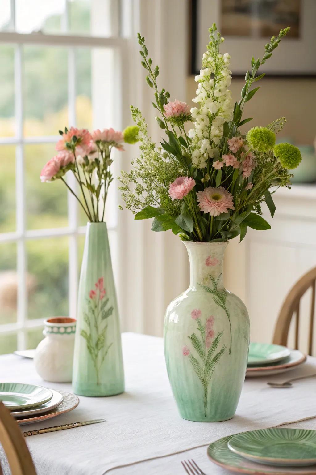 Whimsical painted vessels with sage green accents for an artistic touch.
