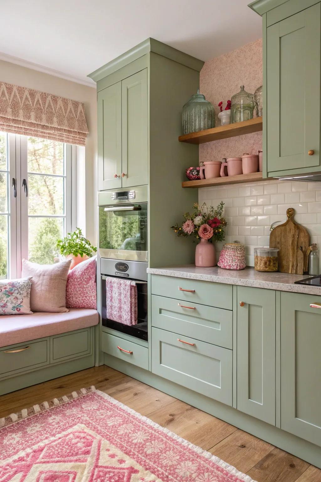 Sage green paired with rose for a revitalized, inviting kitchen.