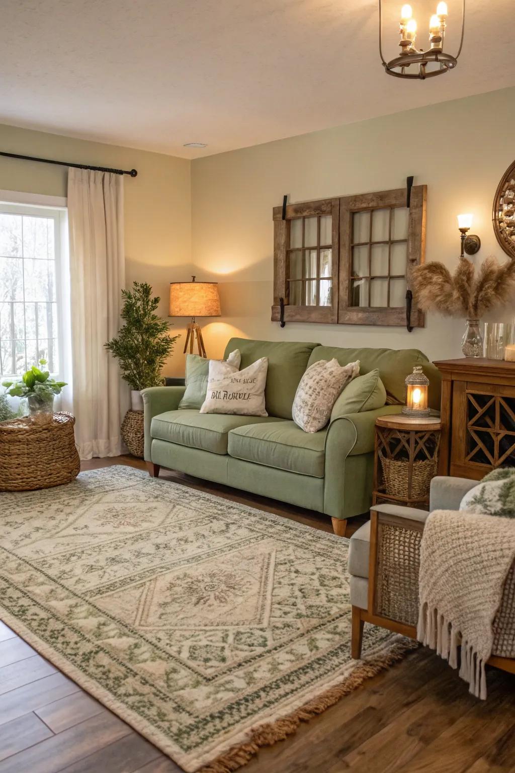 A homespun rug contributes warmth and definition to a sage green living area.