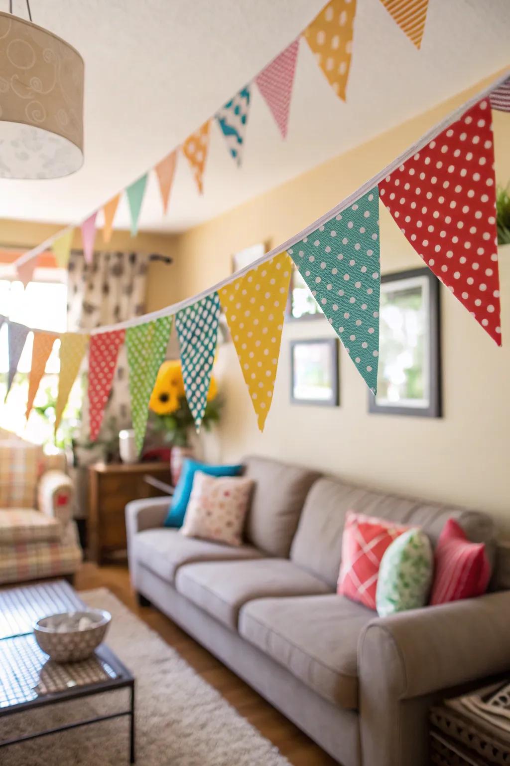 Pennant banners add a playful and colorful element.