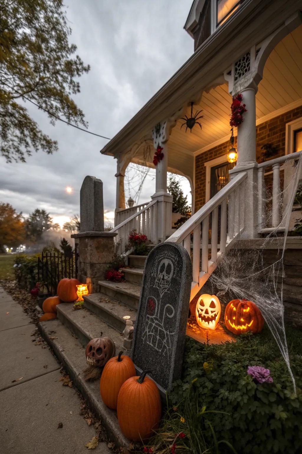 Themed gravestones impart an authentic burial ground touch to the veranda.