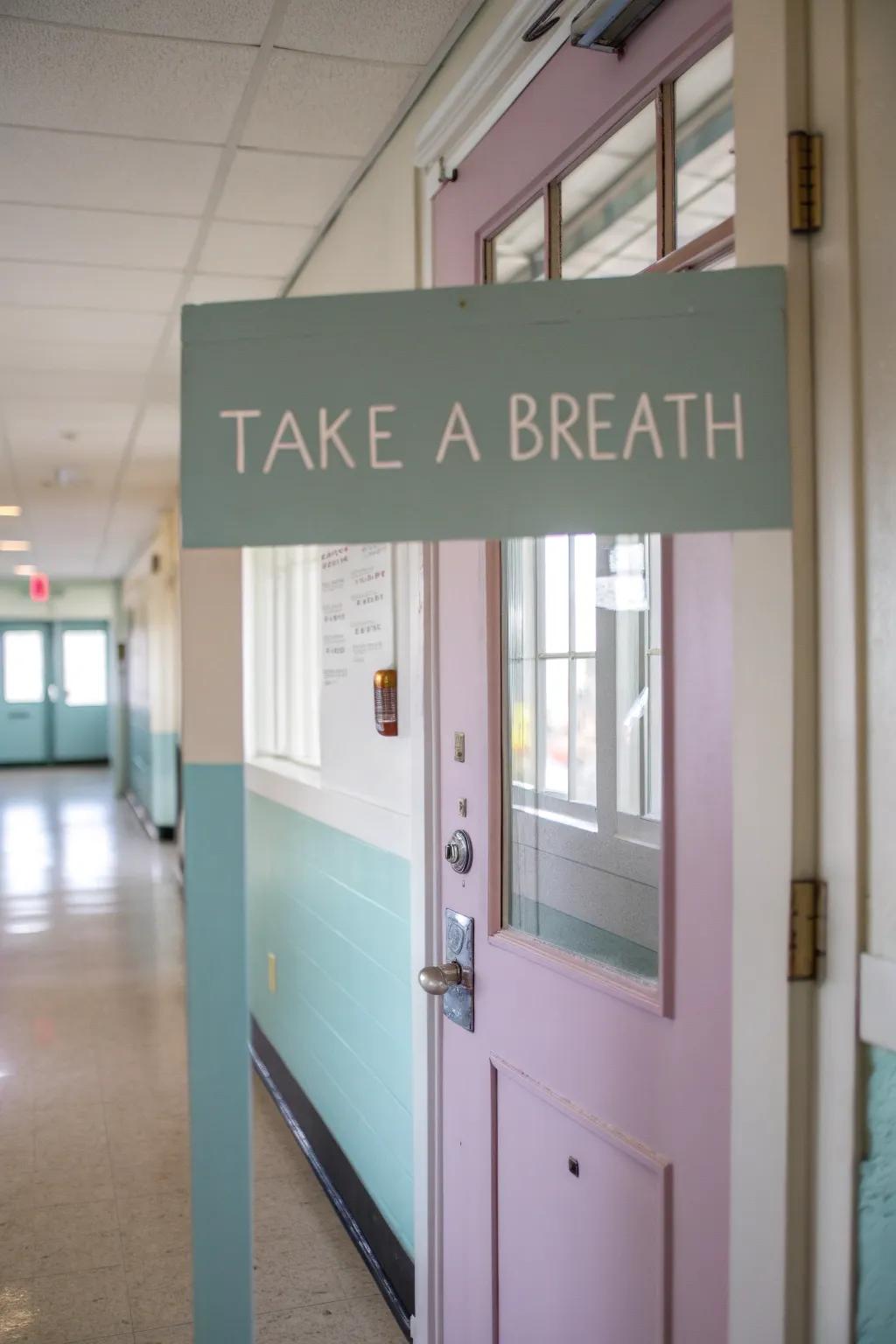 A school clinic doorway featuring mindfulness messages to promote relaxation.