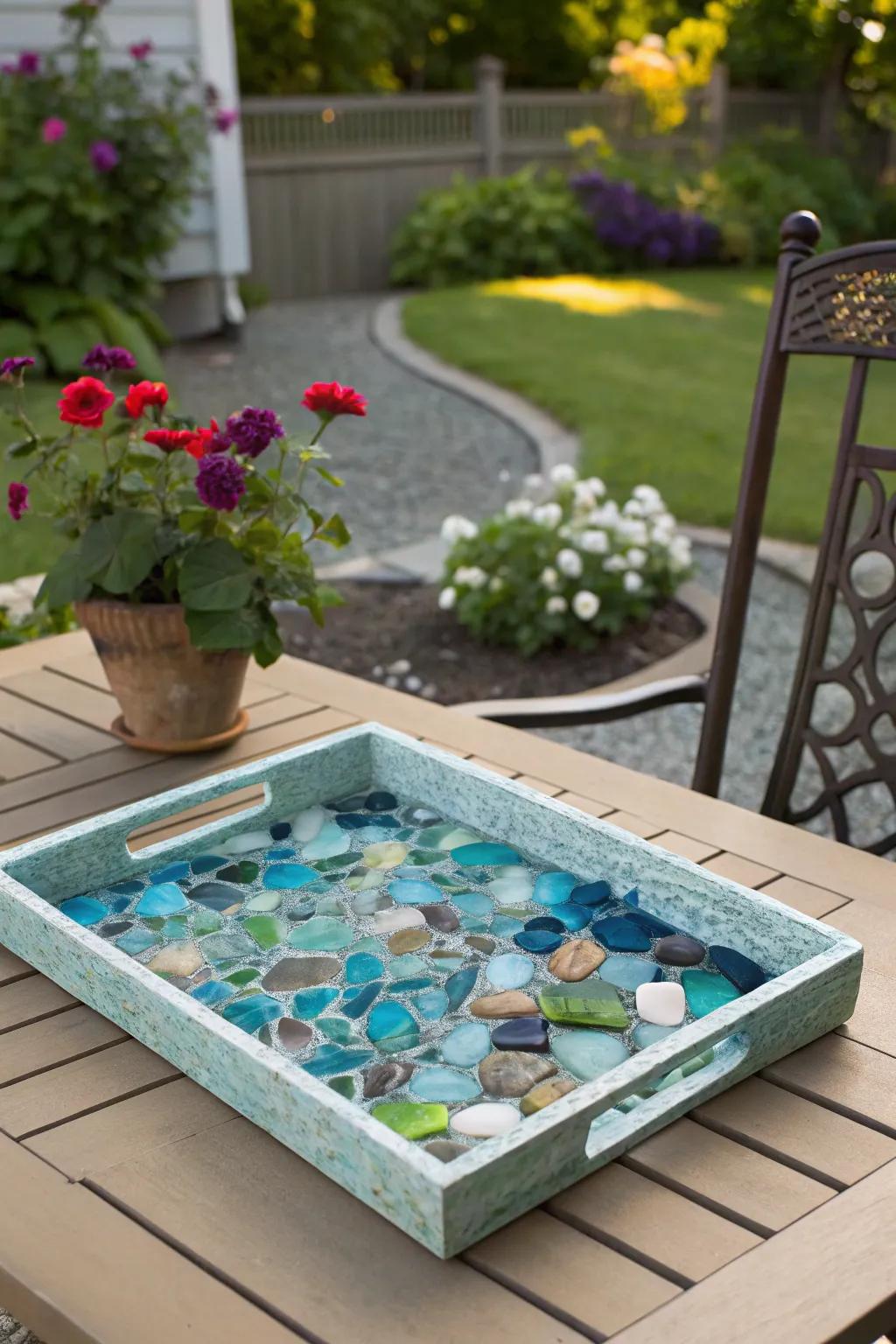 Sea glass mosaic trays are both functional and decorative.