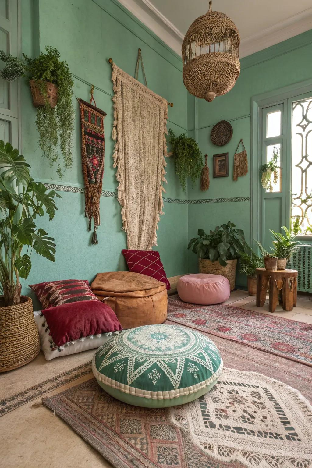 A bohemian retreat with cozy seafoam green walls and eclectic decor.