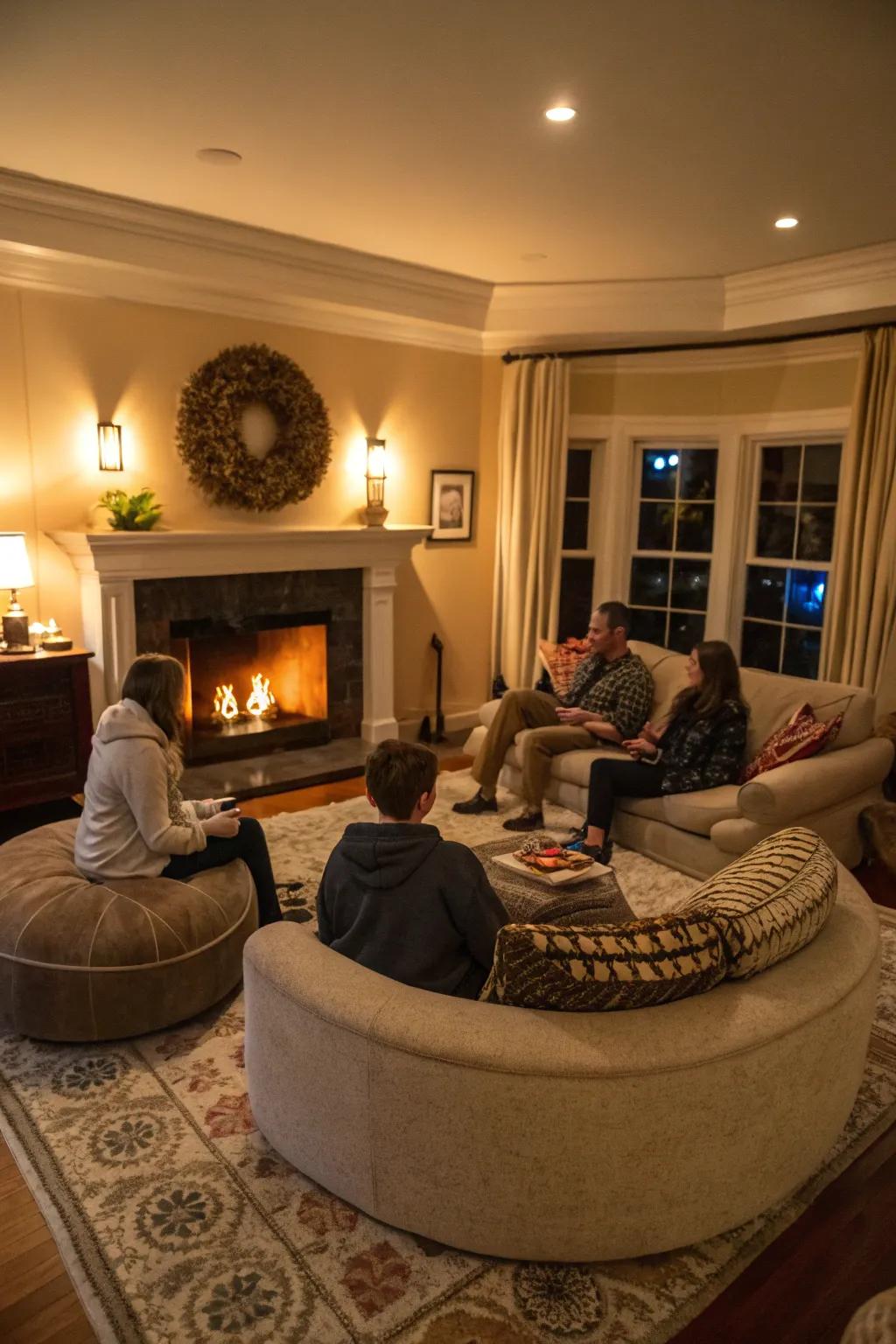 A rounded seating layout promotes closeness and warmth around the hearth.