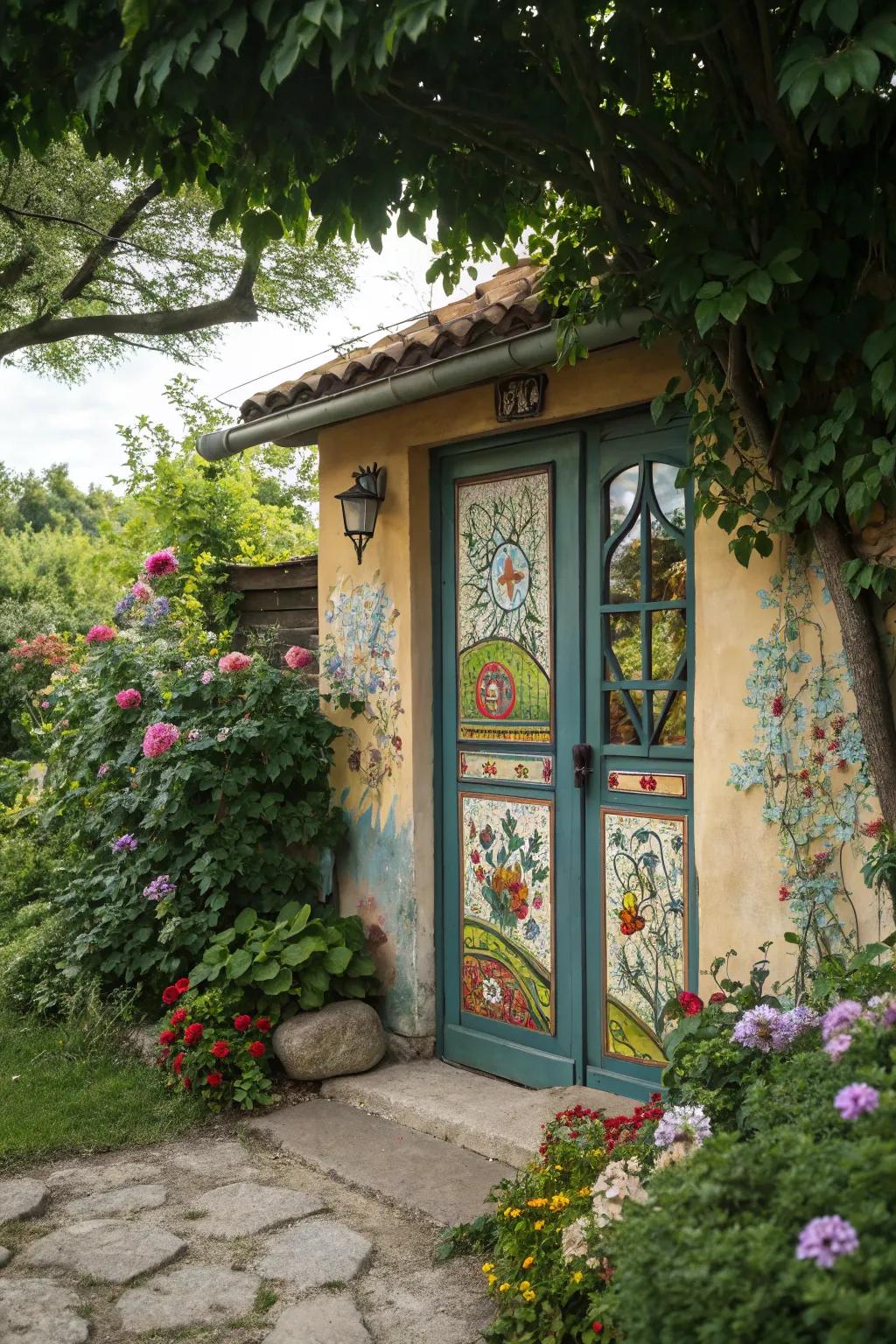 A fresco transmutes this garden portal into a vibrant work of art.