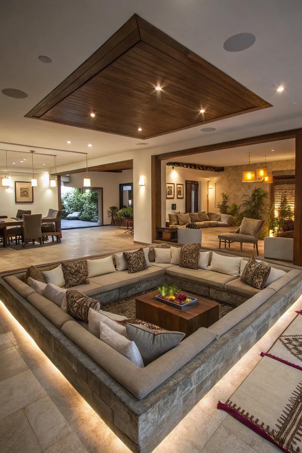 A retro-inspired conversation pit adds charm and intimacy.